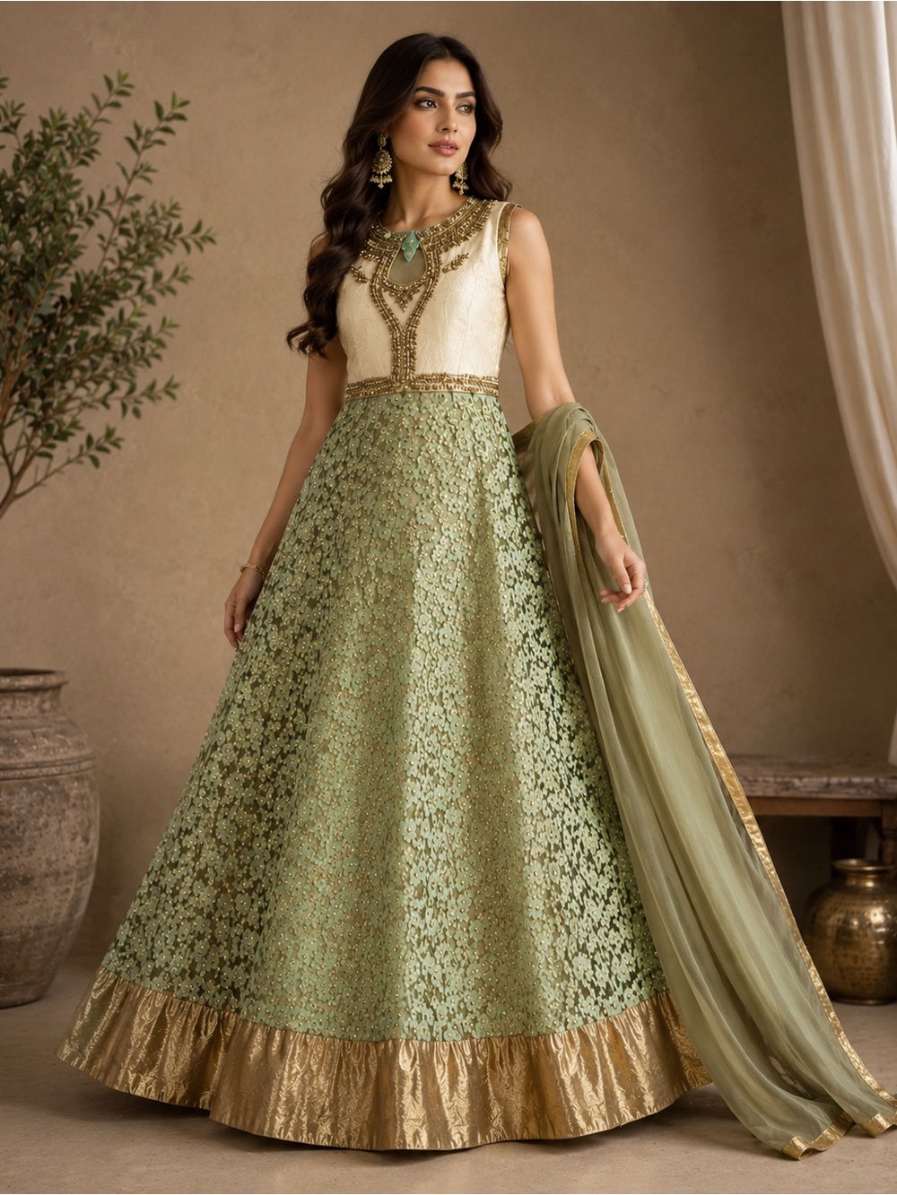 Elegant Floral Green And Gold Skirt